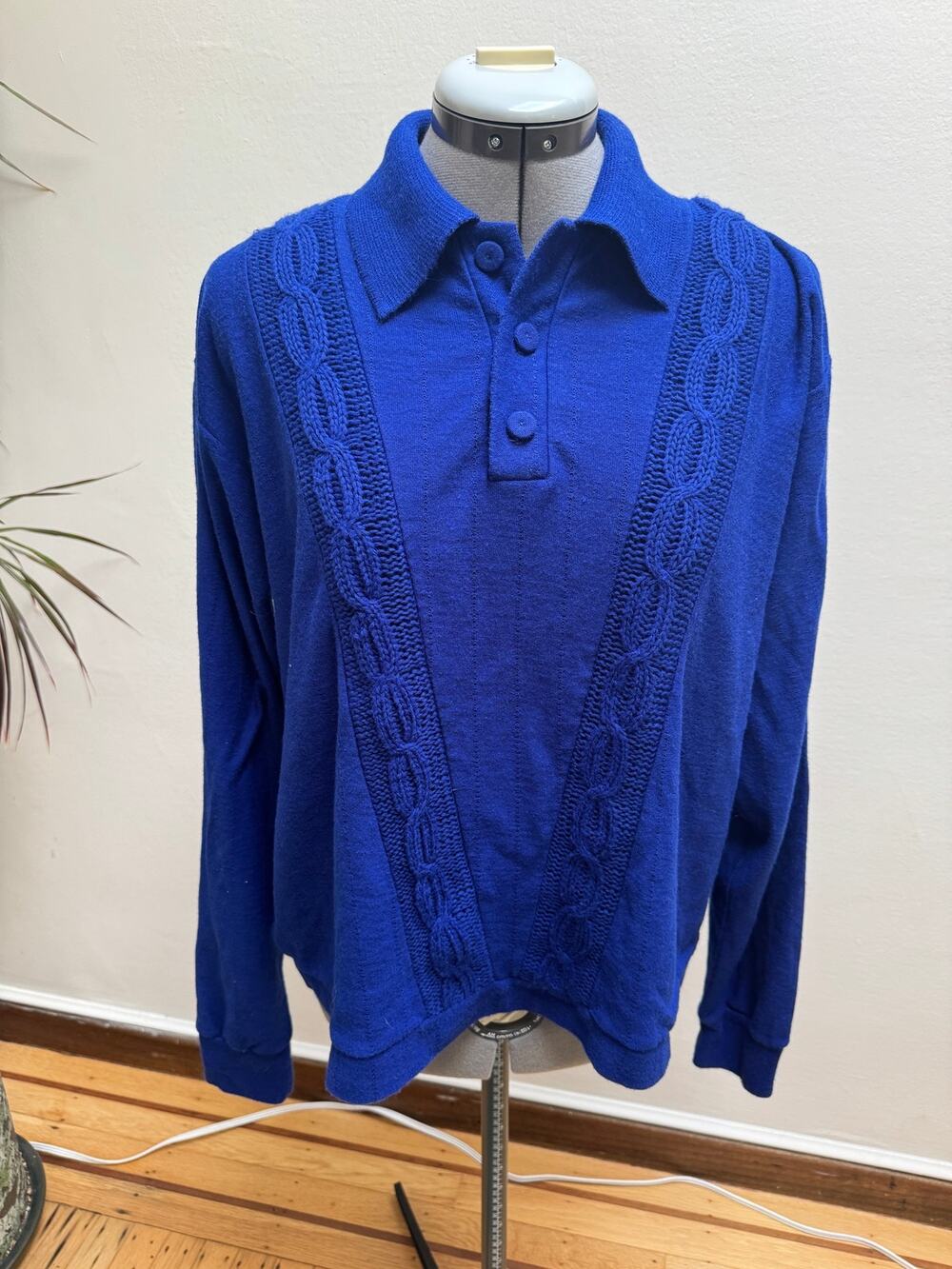 Vintage 60s Arrow Cum Laude Orlon Acrylic Cable Knit Polo Sweater Royal Blue L